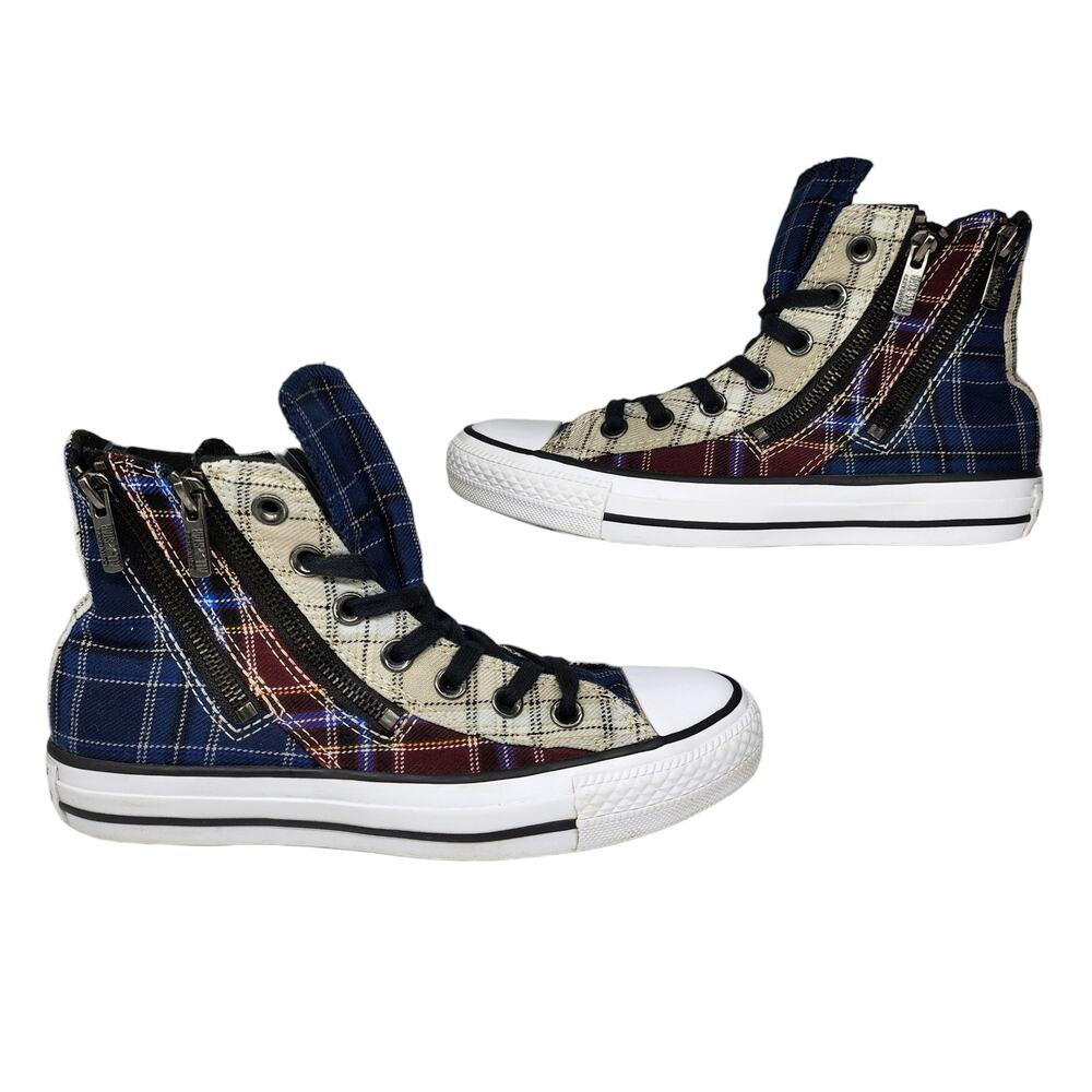 Converse Shoes Womens 6 Plaid Zipper Steampunk Emo High Tops Maroon Blue Punk